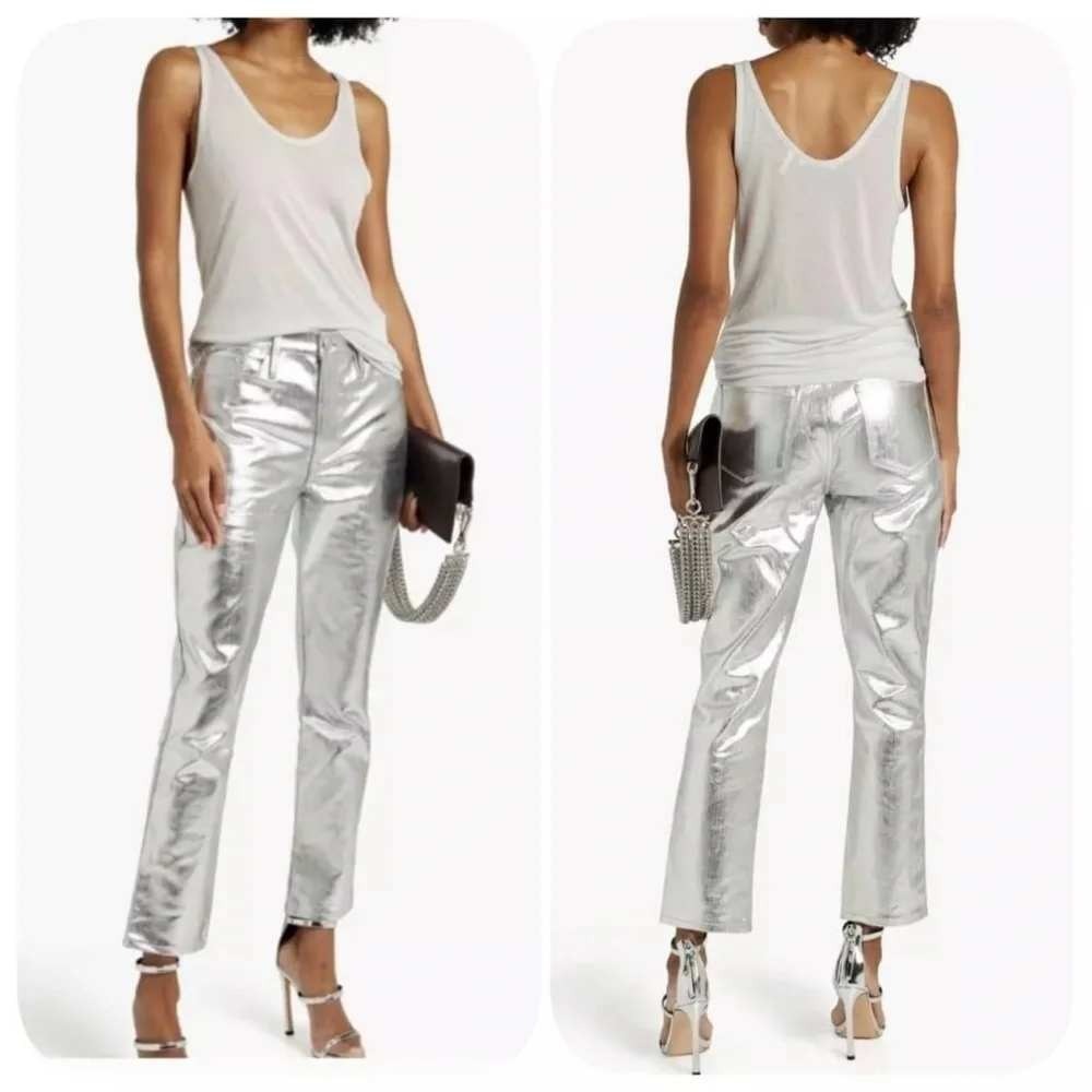 FRAME Le‎ Sylvieu Metallic Silver Chrome High Rise Straight Leg Jeans 27
